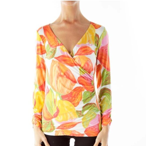 CAbi Tops - Cabi Orange Floral V-Neck Blouse